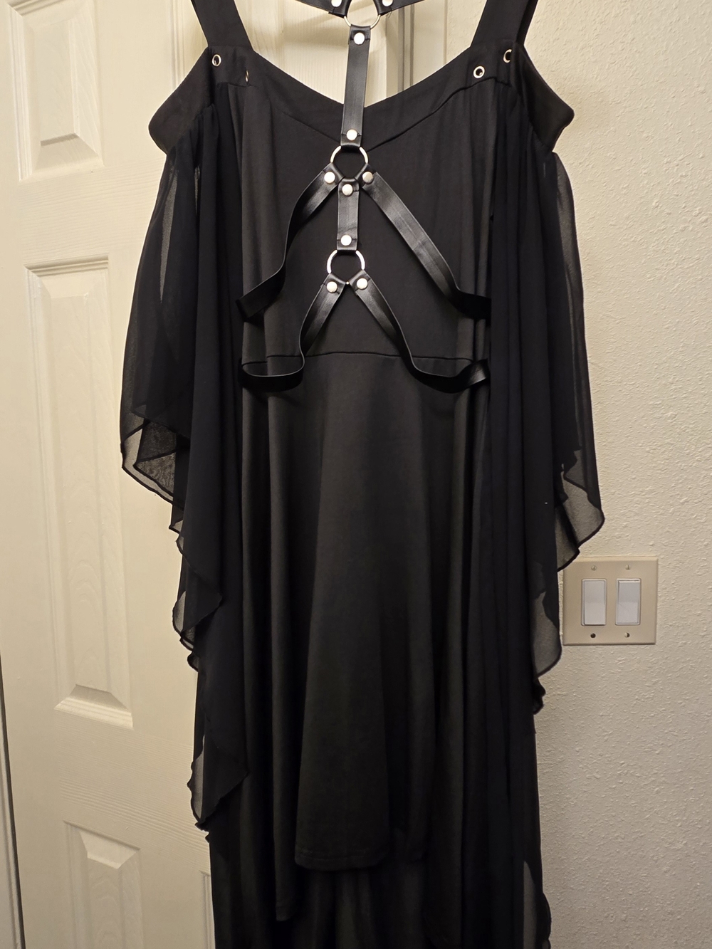 Black Women's Off-Shoulder Gothic Layered Dress with Harness Detail